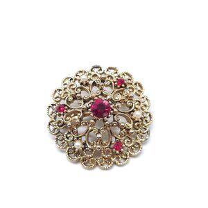 Vintage Gold Tone Brooch Red Rhinestones Faux Pearls 1.5 Inches Round